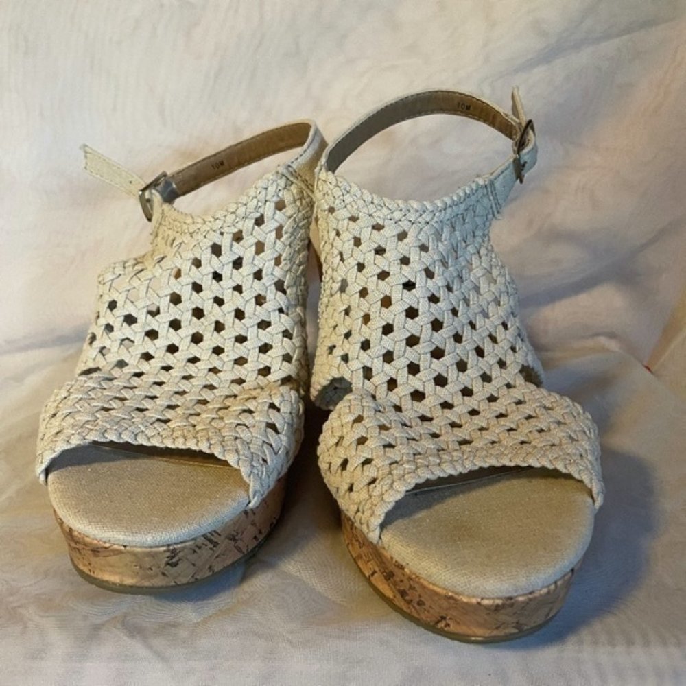 MUDD Vintage 90s Y2K Crochet Cork Wedge Slingback Beige Shoes Size 10